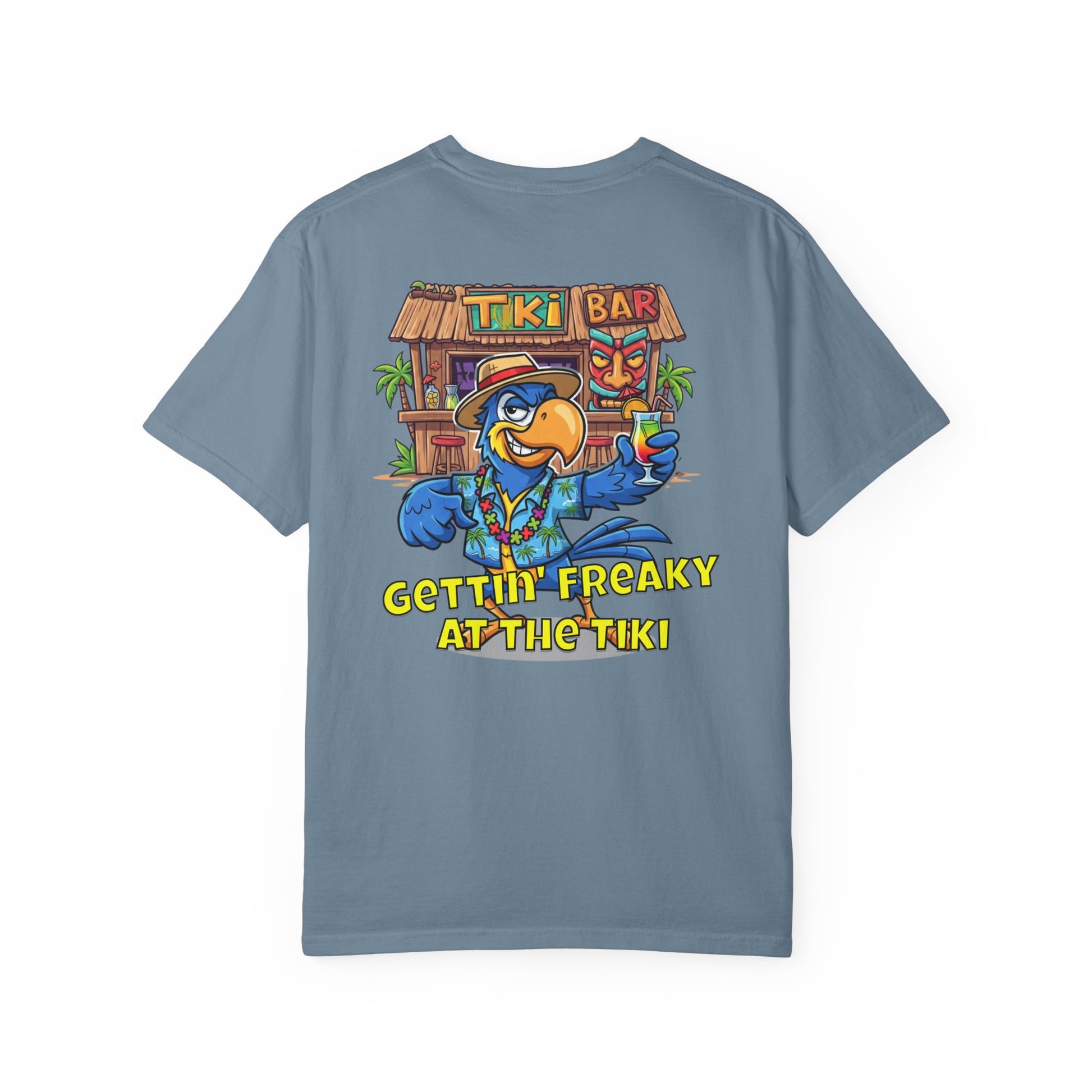 Blue t-shirt with a colorful tiki bar graphic and text on the back