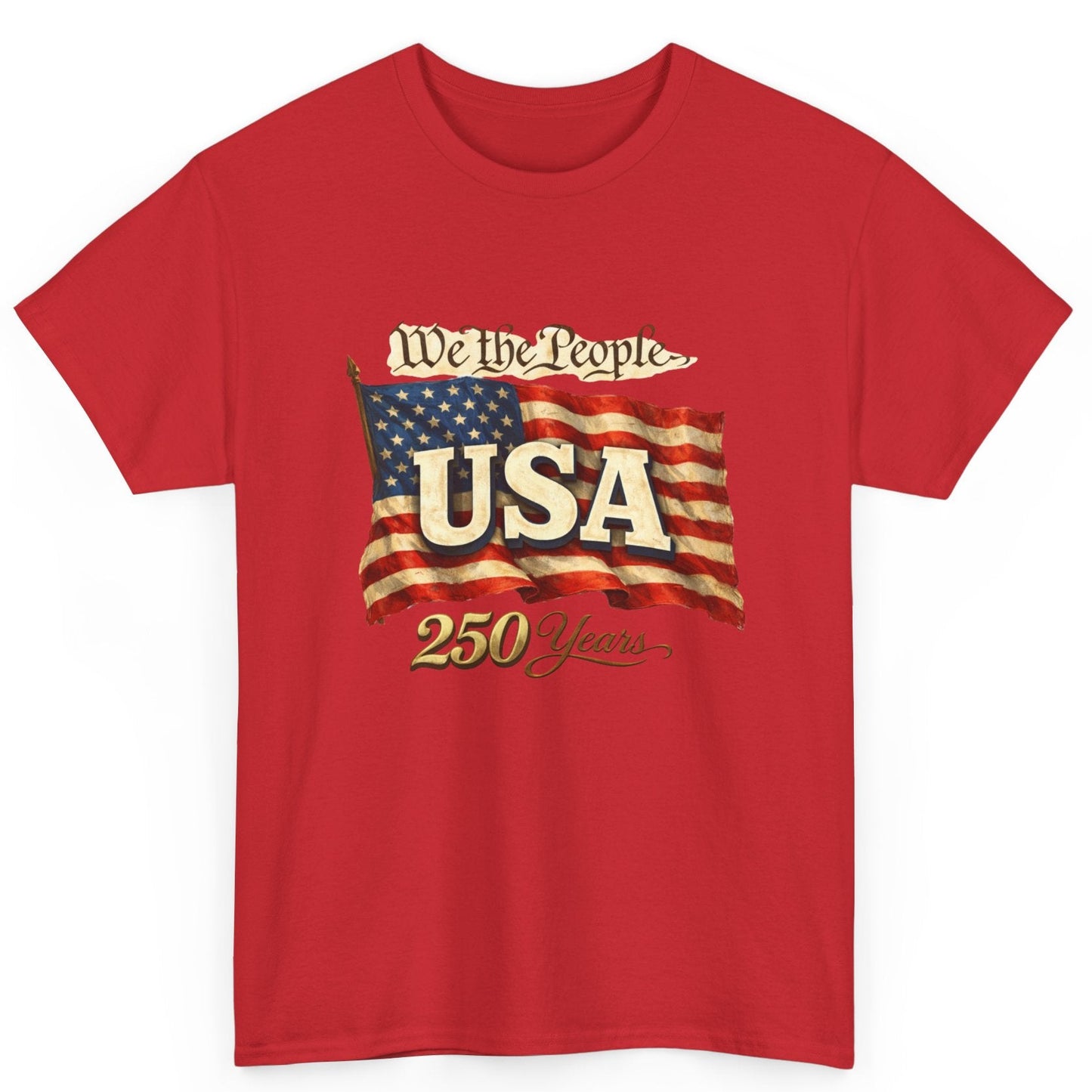 Red t-shirt with American flag and 'We the People USA 250 Years' text on a white background