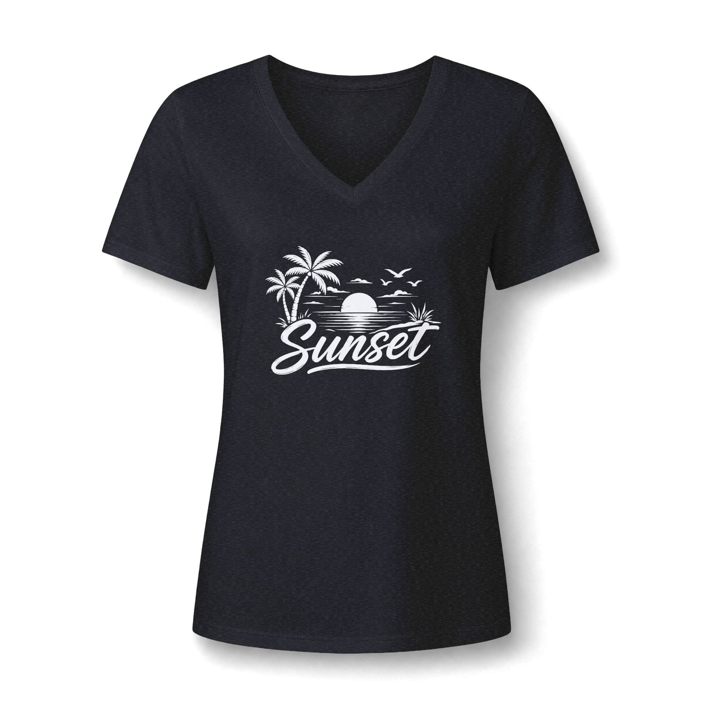 Sunset Palm V-Neck Tee – Women’s Beach Sunset Graphic Shirt