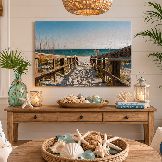 Living room with a beach-themed decor featuring a large wall art of a beach scene.