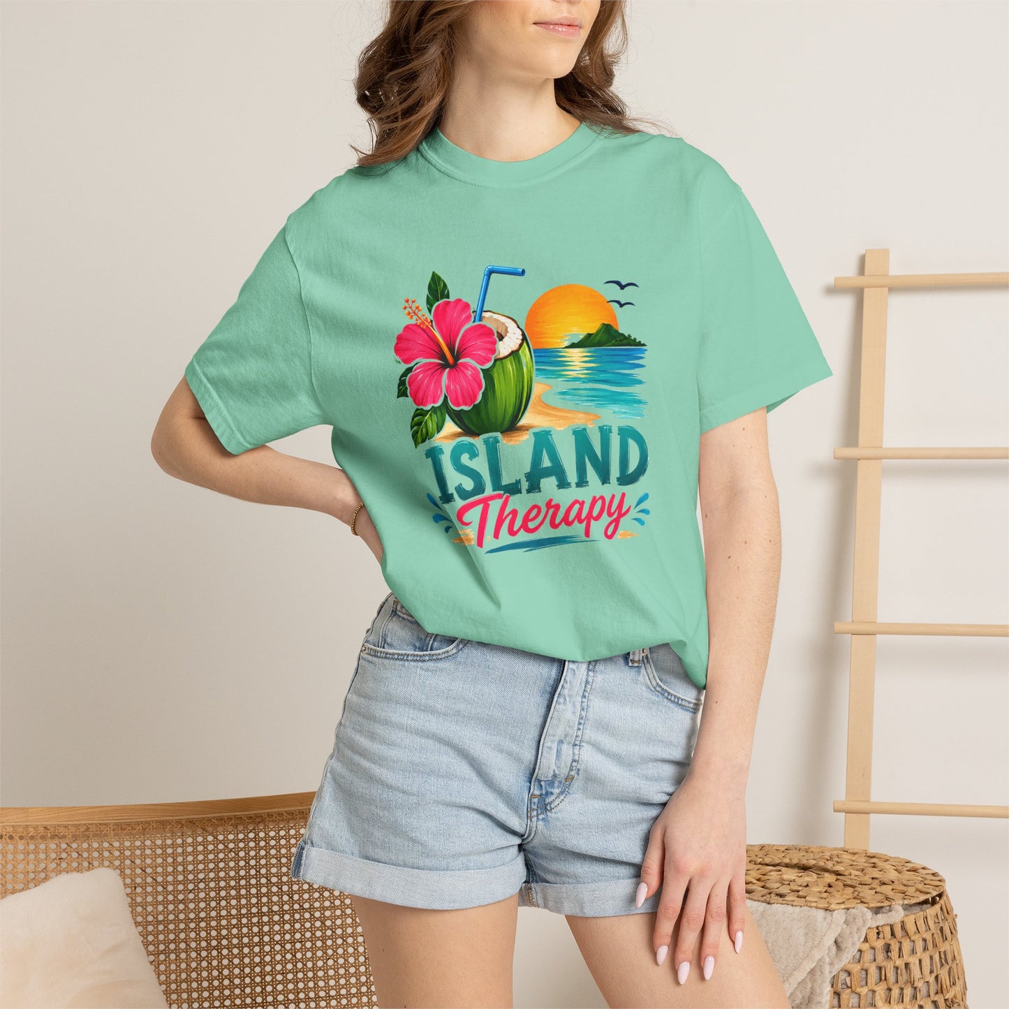 Island Therapy T‑Shirt — Tropical Sunset Coconut Drink Beach Tee