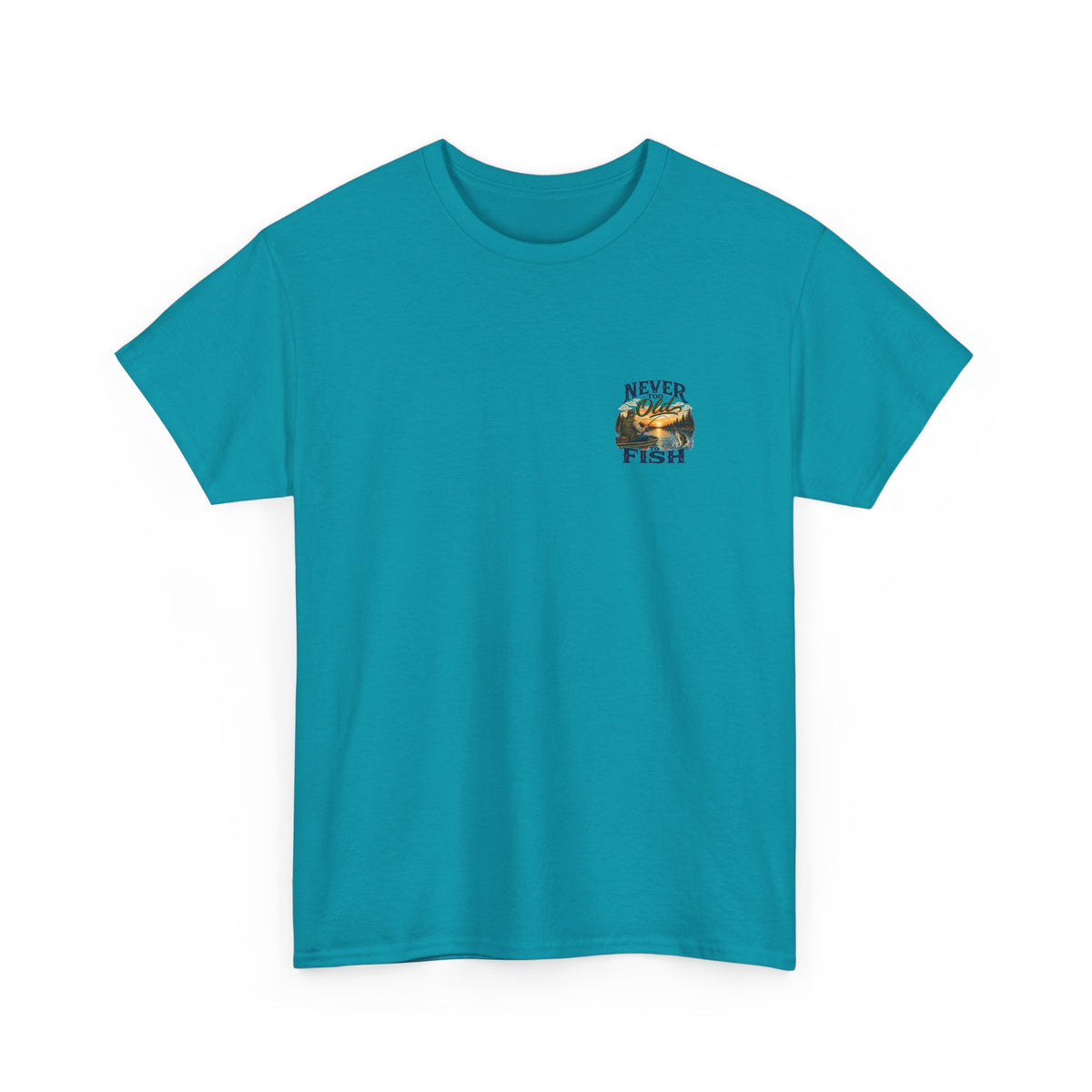 T-Shirt — "Never Too Old to Fish" Fishing Tee (Sunset Lake Design)