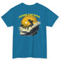 Blue t-shirt with a graphic of a surfer and 'Riding the Edge' text on a white background