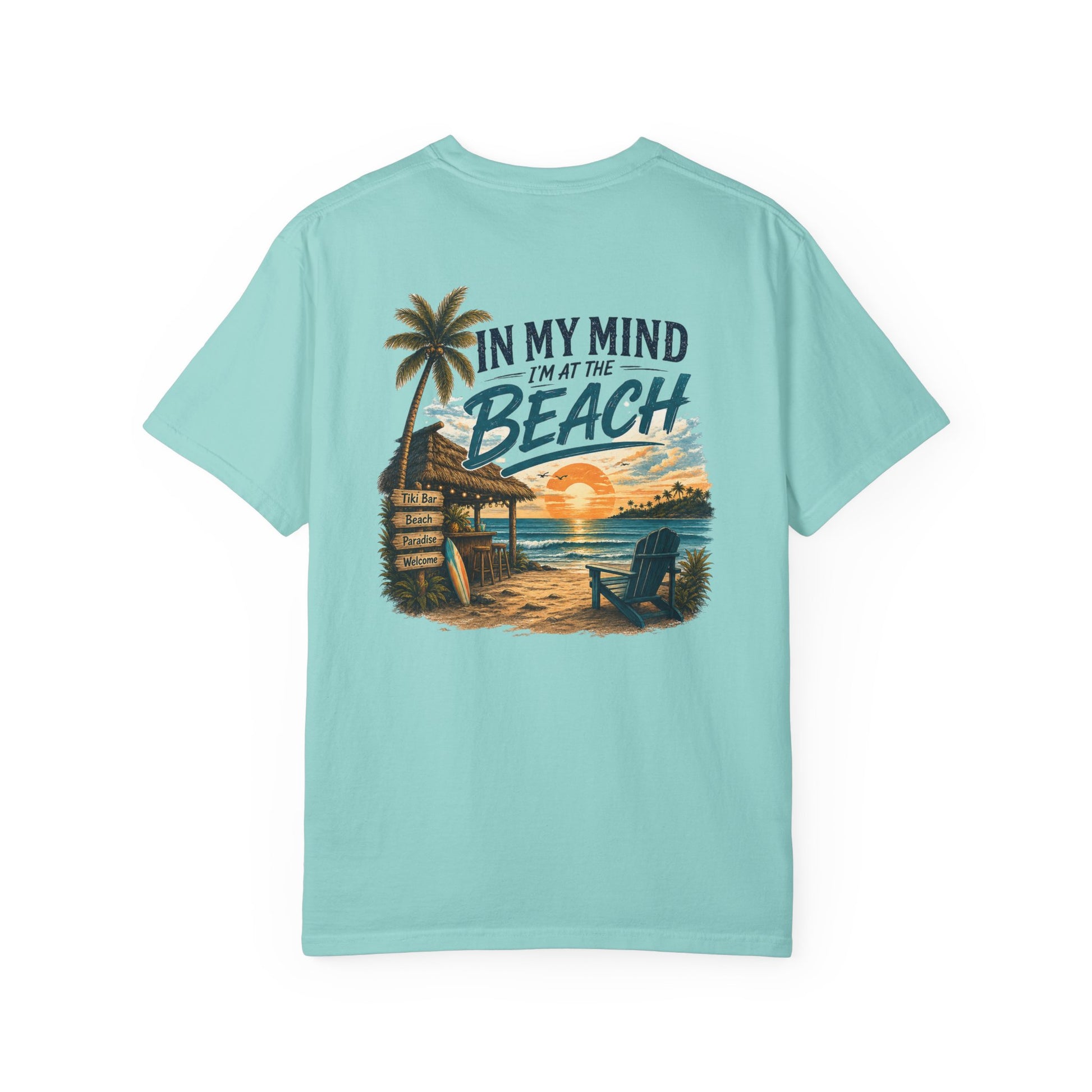 Light blue t-shirt with beach graphic and text on a white background
