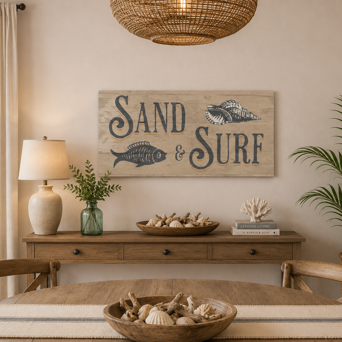 Dining room with 'Sand & Surf' sign on the wall, wooden table, and chairs.
