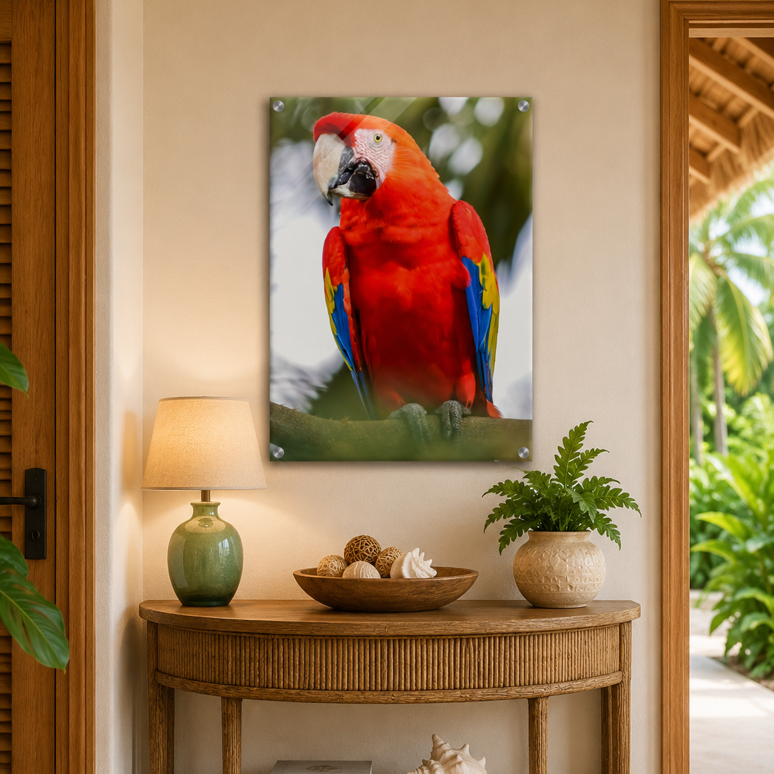 Decorative interior with a red parrot painting, lamp, and console table.