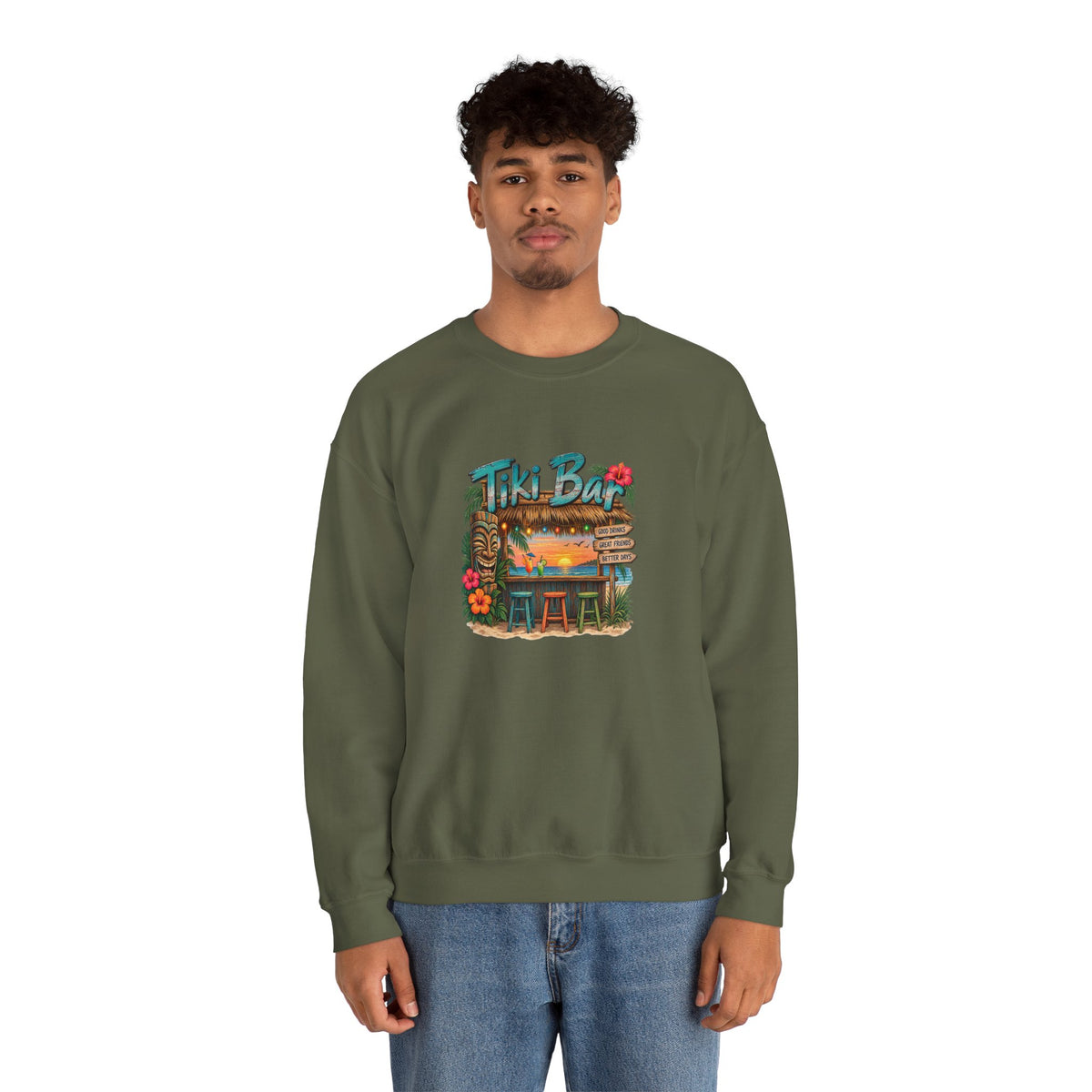 Tiki Bar Crewneck Sweatshirt — Retro Tropical Sunset Design