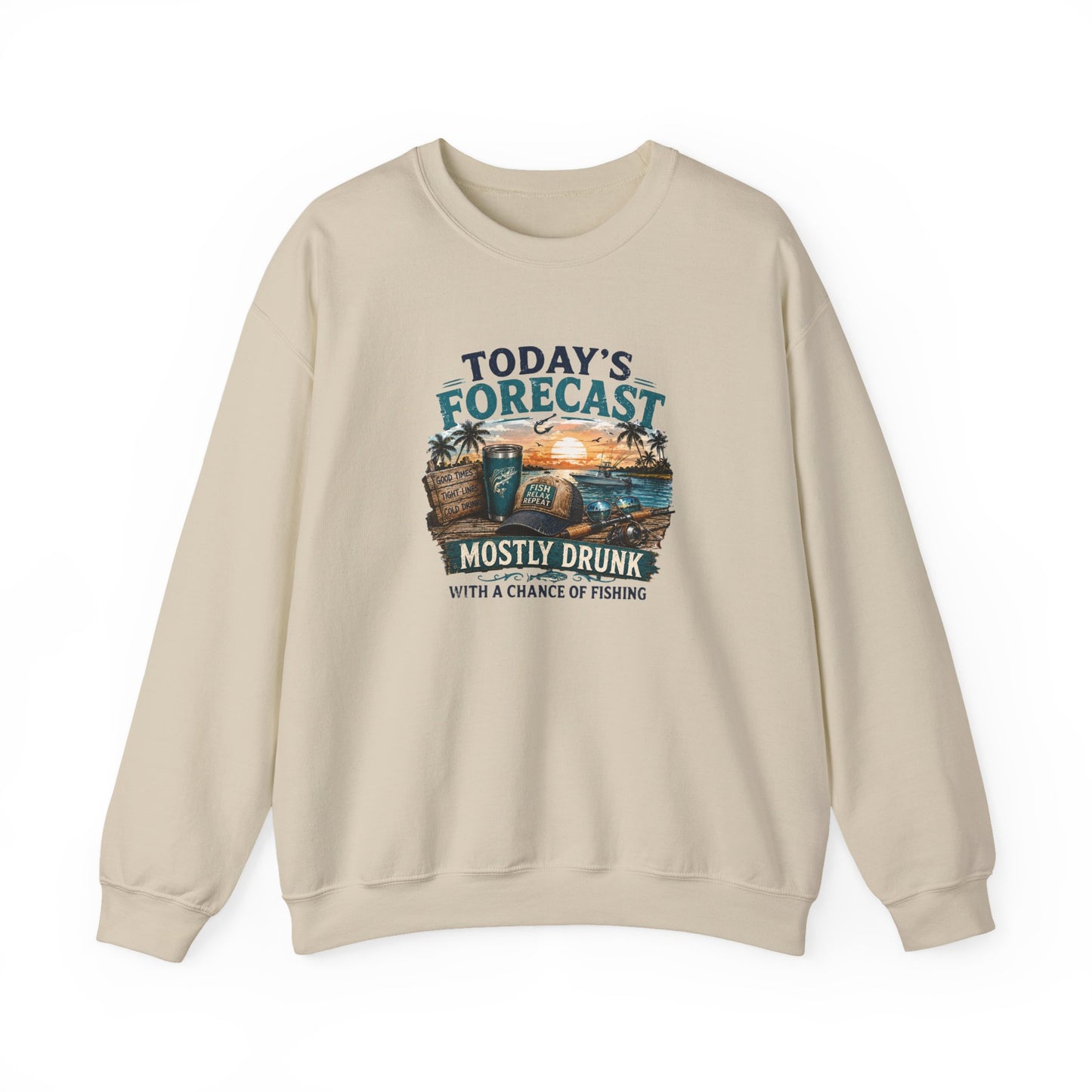 Crewneck Sweatshirt — "Today's Forecast: Mostly Drunk with a Chance of Fishing" Vintage Fishing Crewneck