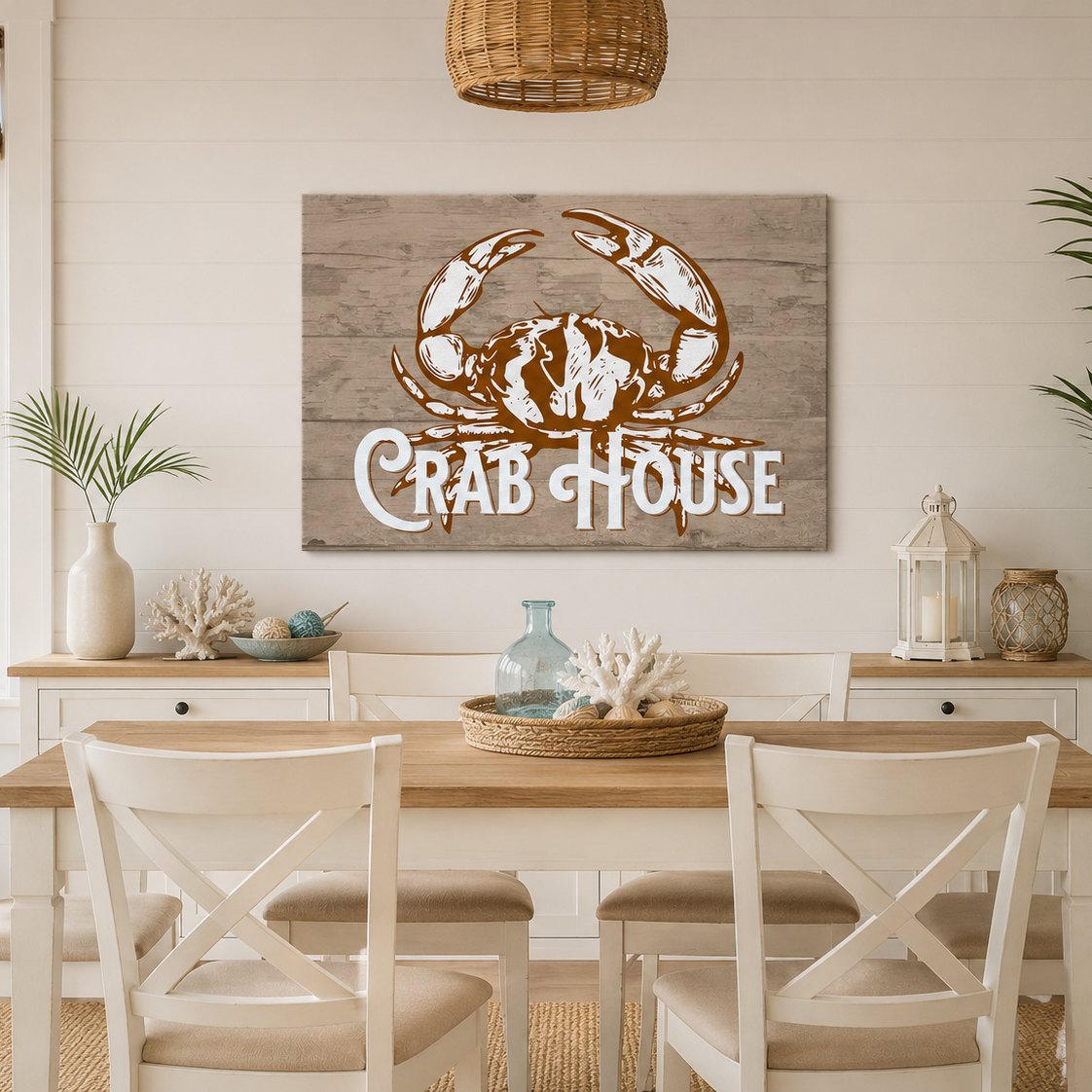 Dining room with a 'Crab House' sign on the wall, featuring a wooden table and chairs.