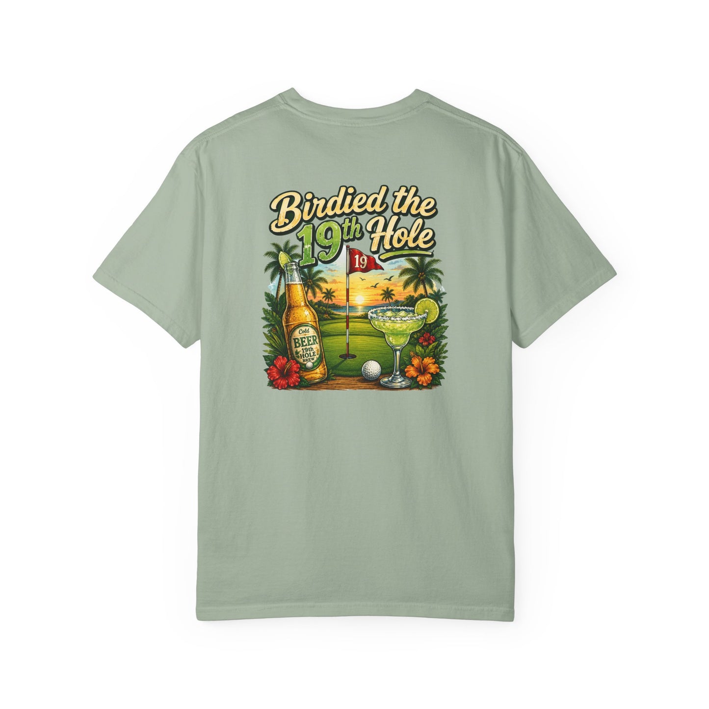 Golf T-Shirt — 'Birdied the 19th Hole' Tropical Golf Beer Design