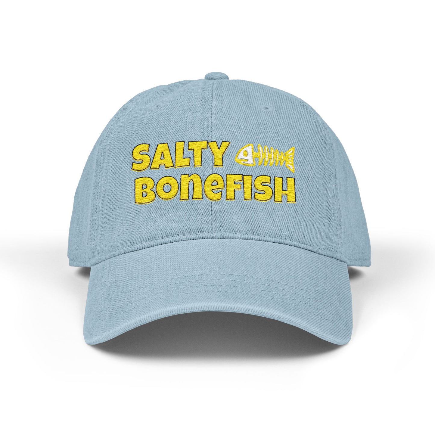 Light blue cap with yellow text 'Salty Bonefish' on a white background