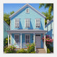 Painting of a blue house with white trim and a porch, surrounded by greenery and flowers.