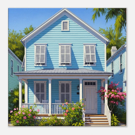 Painting of a blue house with white trim and a porch, surrounded by greenery and flowers.