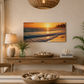 Dining room with a large wall art of a sunset over water, table with shell decorations, and plants.