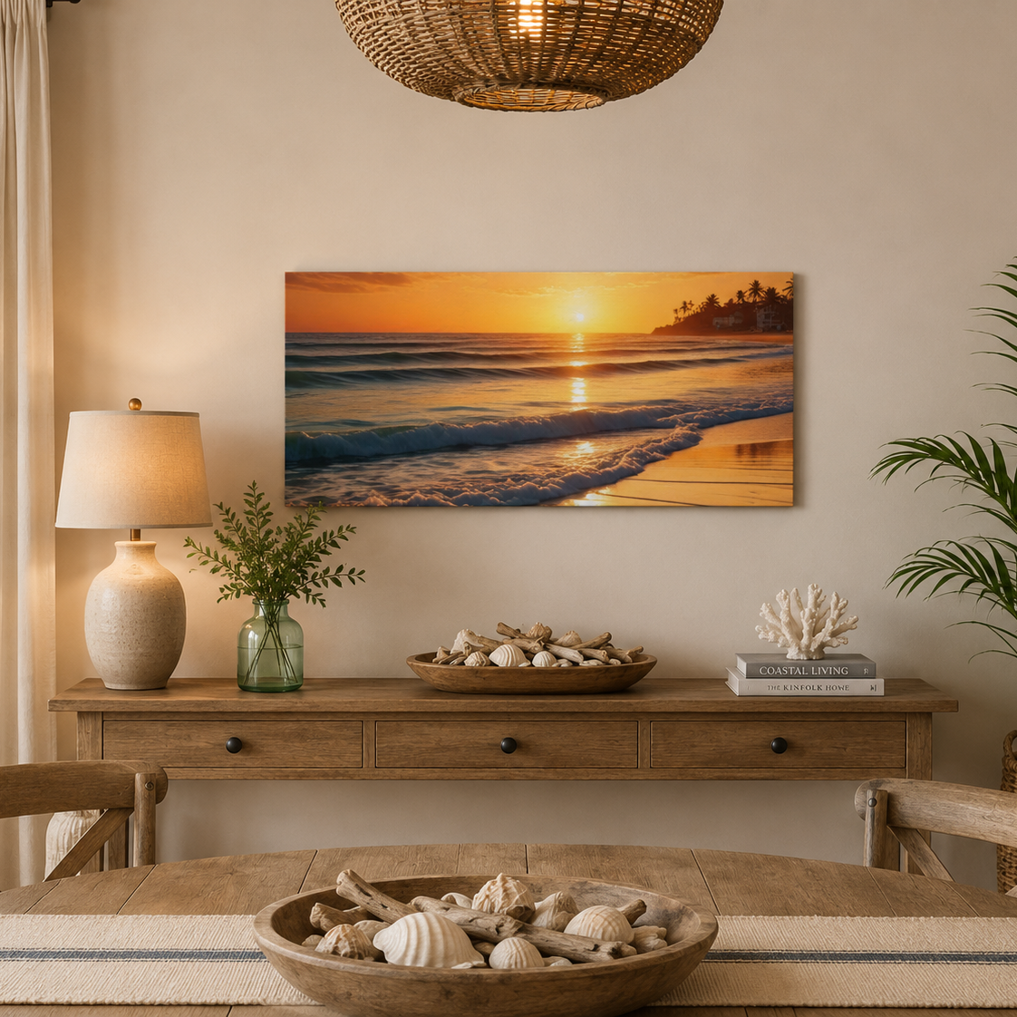 Dining room with a large wall art of a sunset over water, table with shell decorations, and plants.