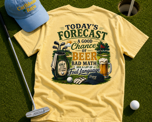 Yellow t-shirt with golf-themed graphic and blue cap on a grass background