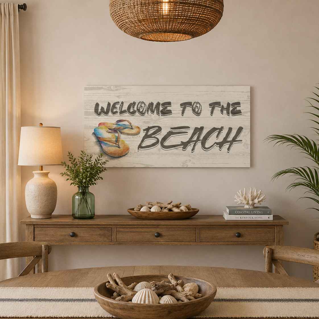Dining room with 'Welcome to the Beach' sign above a wooden console table.