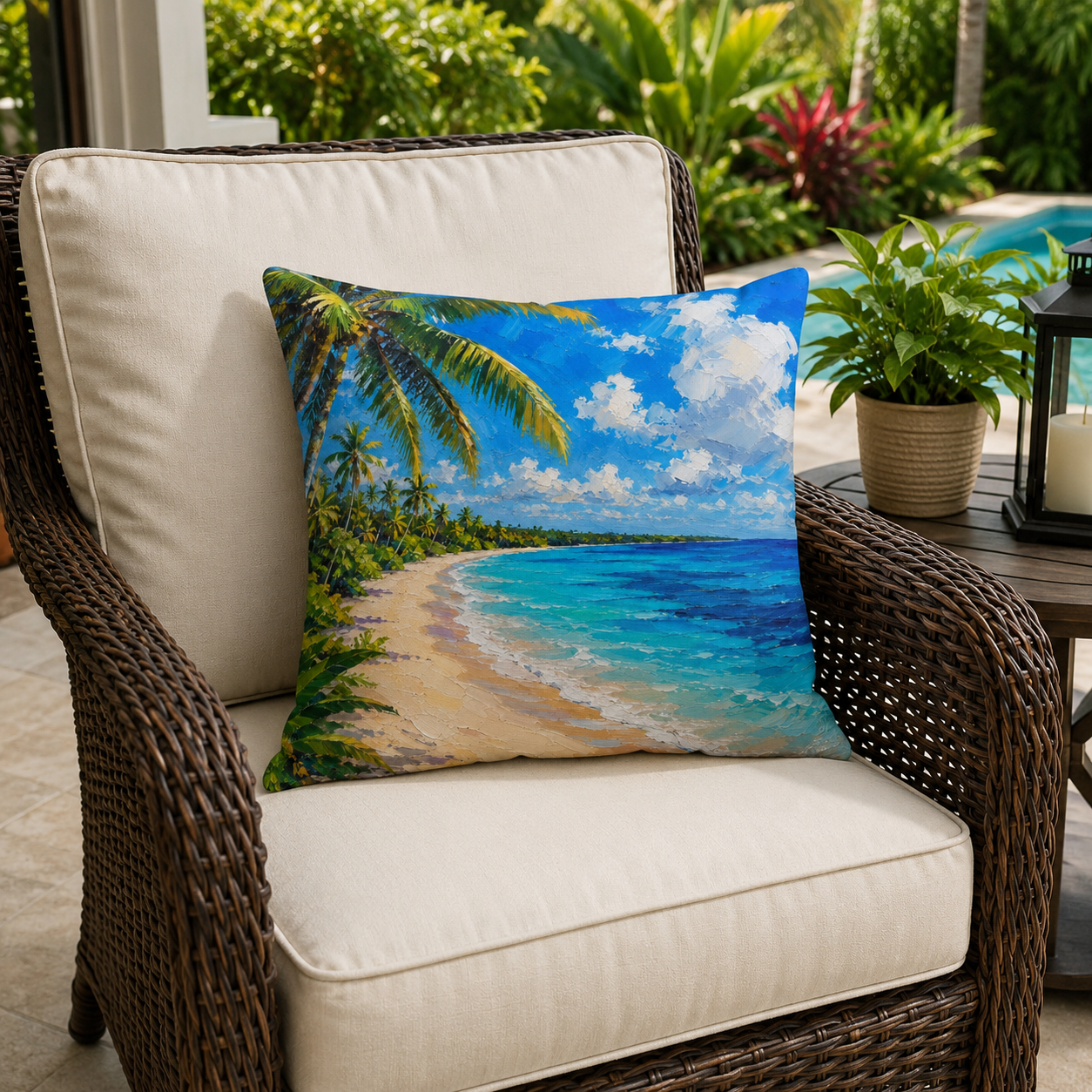 Tropical Caribbean Beach Outdoor Pillow — Coastal Palm Tree Seaside Decor
