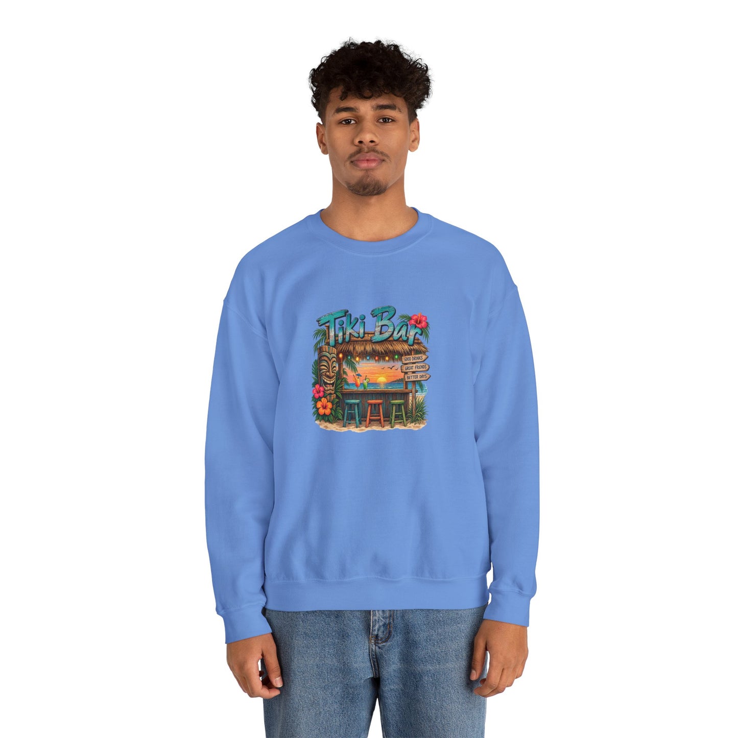 Tiki Bar Crewneck Sweatshirt — Retro Tropical Sunset Design