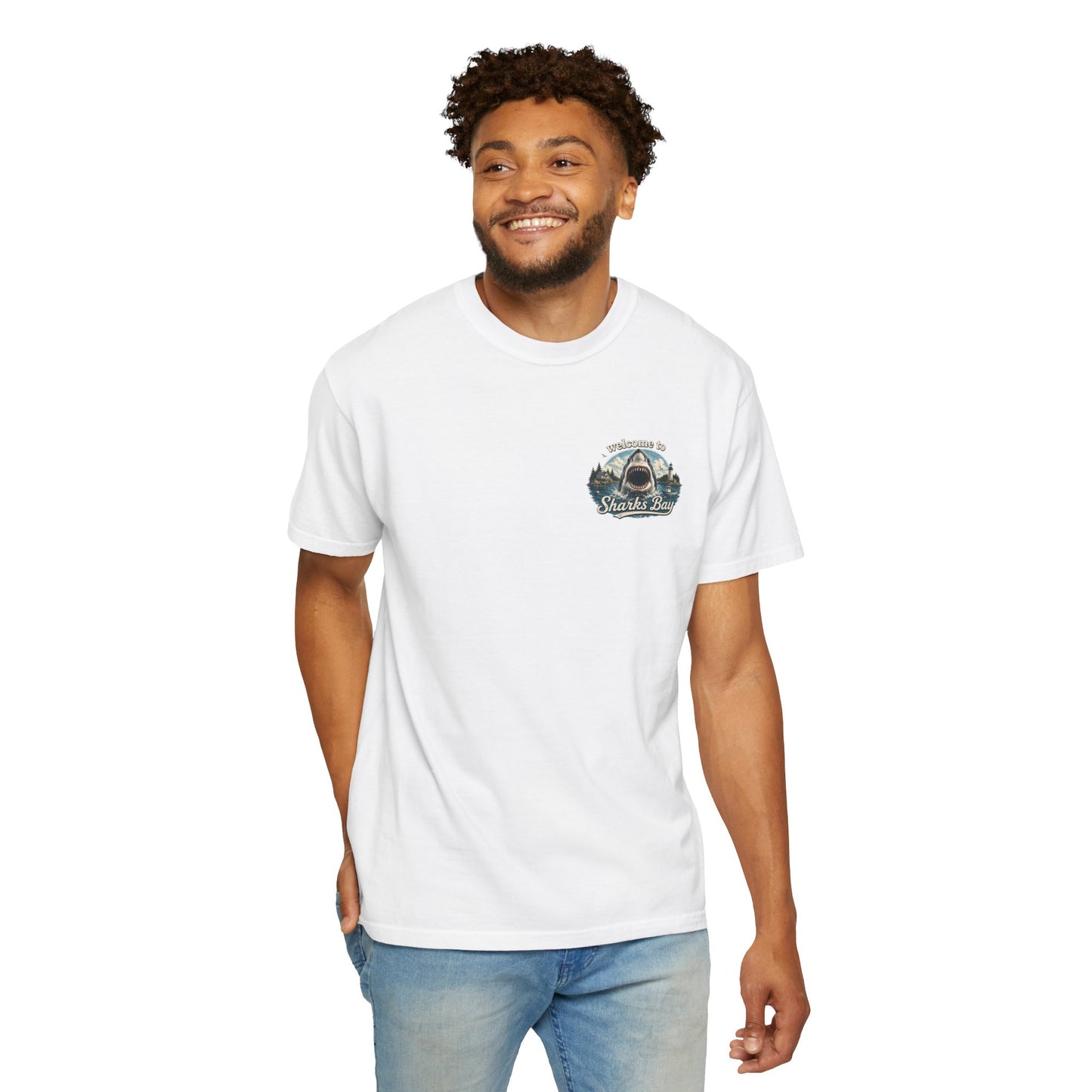 Sharks Bay T-Shirt — "Welcome to Sharks Bay" Vintage Shark Graphic Tee
