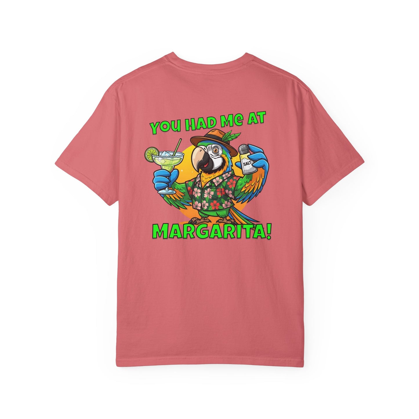 Pink t-shirt with a parrot graphic and text on the back, on a white background