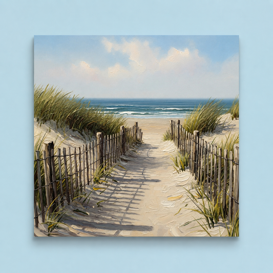 Painting of a sandy path leading to the ocean with grasses and a fence.