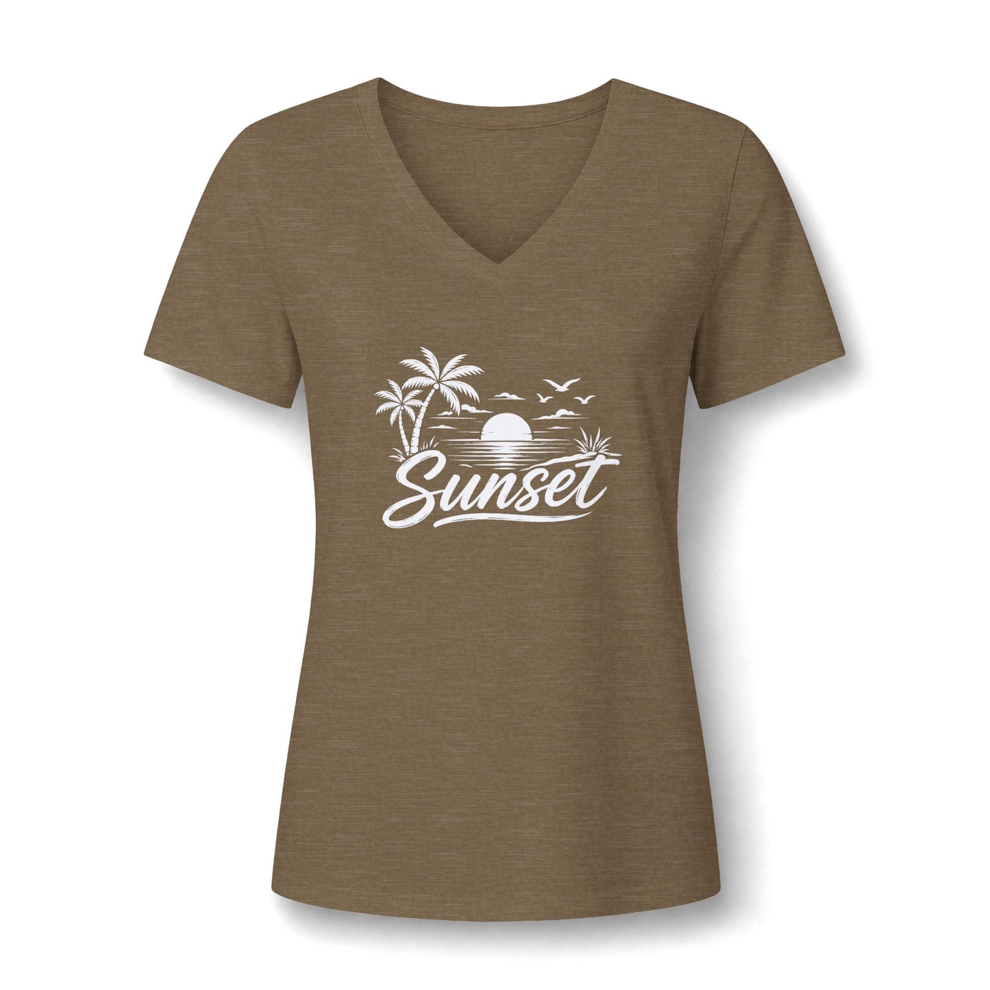 Sunset Palm V-Neck Tee – Women’s Beach Sunset Graphic Shirt
