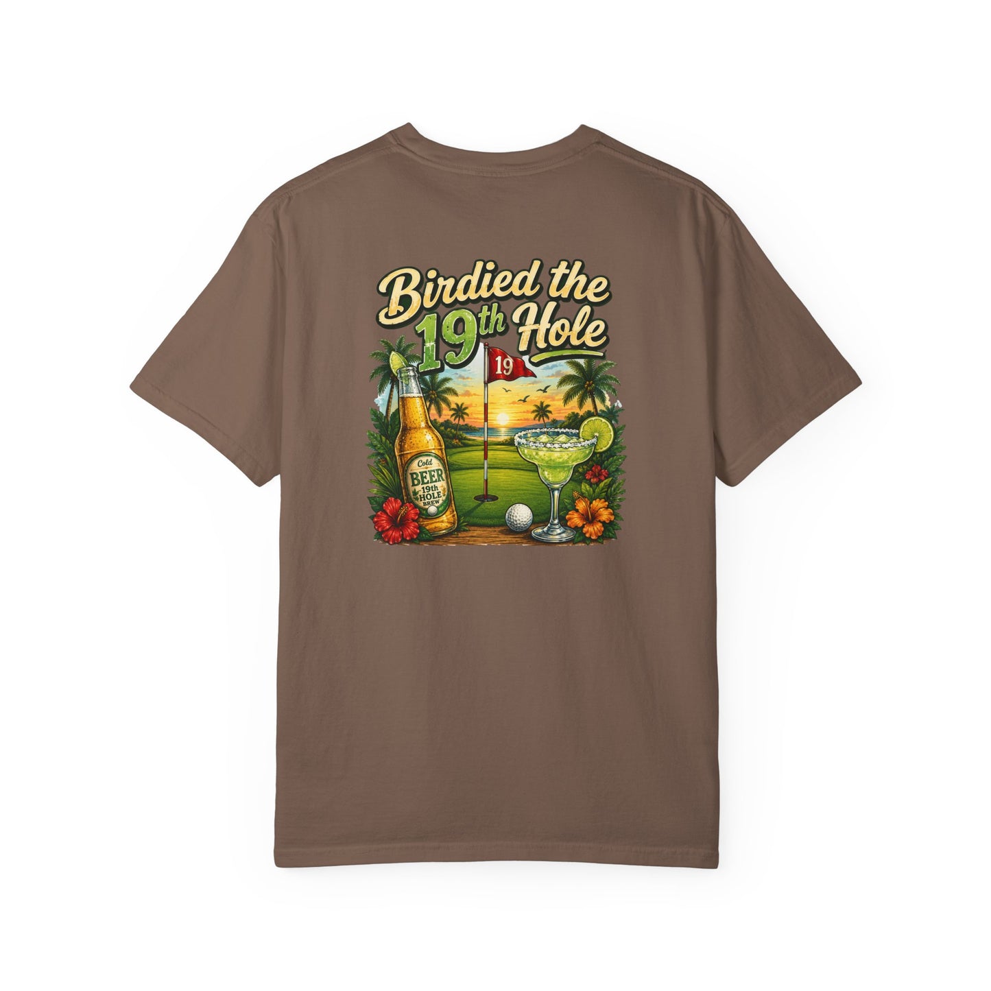 Golf T-Shirt — 'Birdied the 19th Hole' Tropical Golf Beer Design