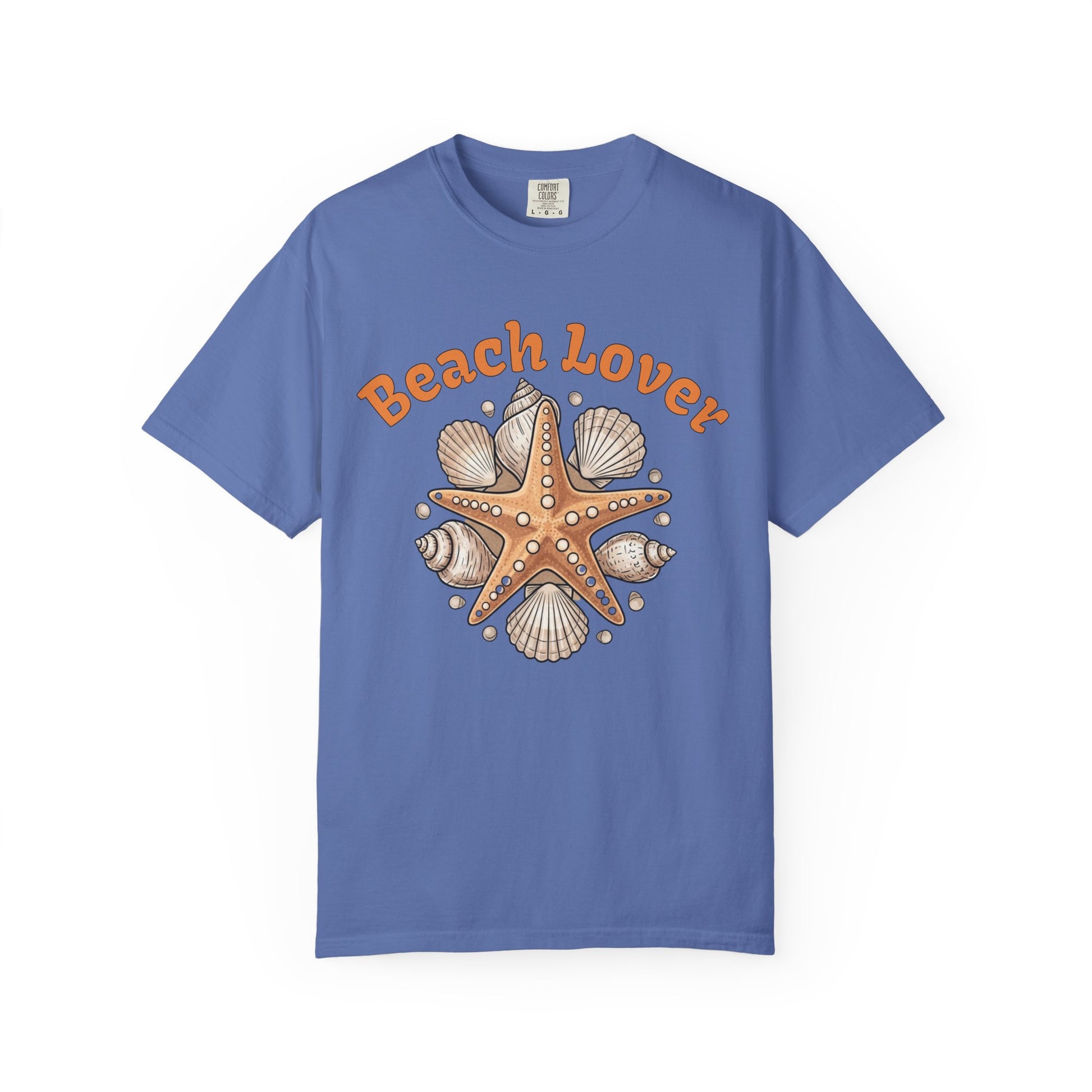 Blue t-shirt with 'Beach Lover' text and starfish and shell design on a white background