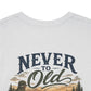T-Shirt — "Never Too Old to Fish" Fishing Tee (Sunset Lake Design)