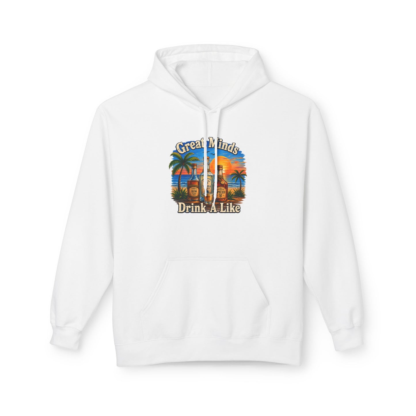 Great Minds Drink Alike Hoodie — Tropical Sunset Palm Beach Graphic Sweatshirt