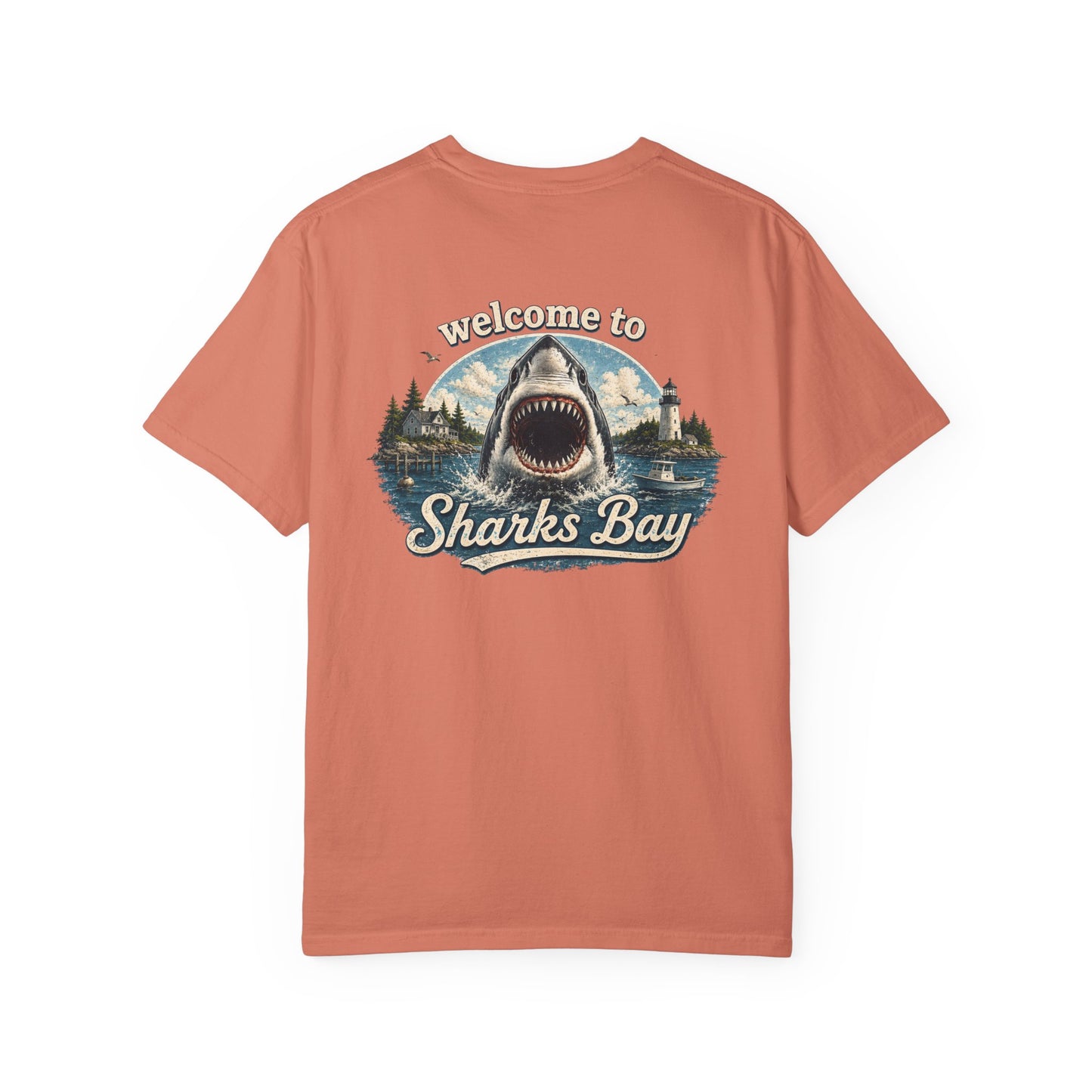 Sharks Bay T-Shirt — "Welcome to Sharks Bay" Vintage Shark Graphic Tee