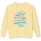 Yellow sweatshirt with 'Born to be a Beach Girl' text and beach-themed graphics on a white background at Caribbean Rays