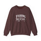 A heathered dark brown crewneck sweatshirt with a white graphic print on the front that reads 'FISHING it's a WAY OF LIFE' with a fishing rod illustration, displayed on a clean white background.