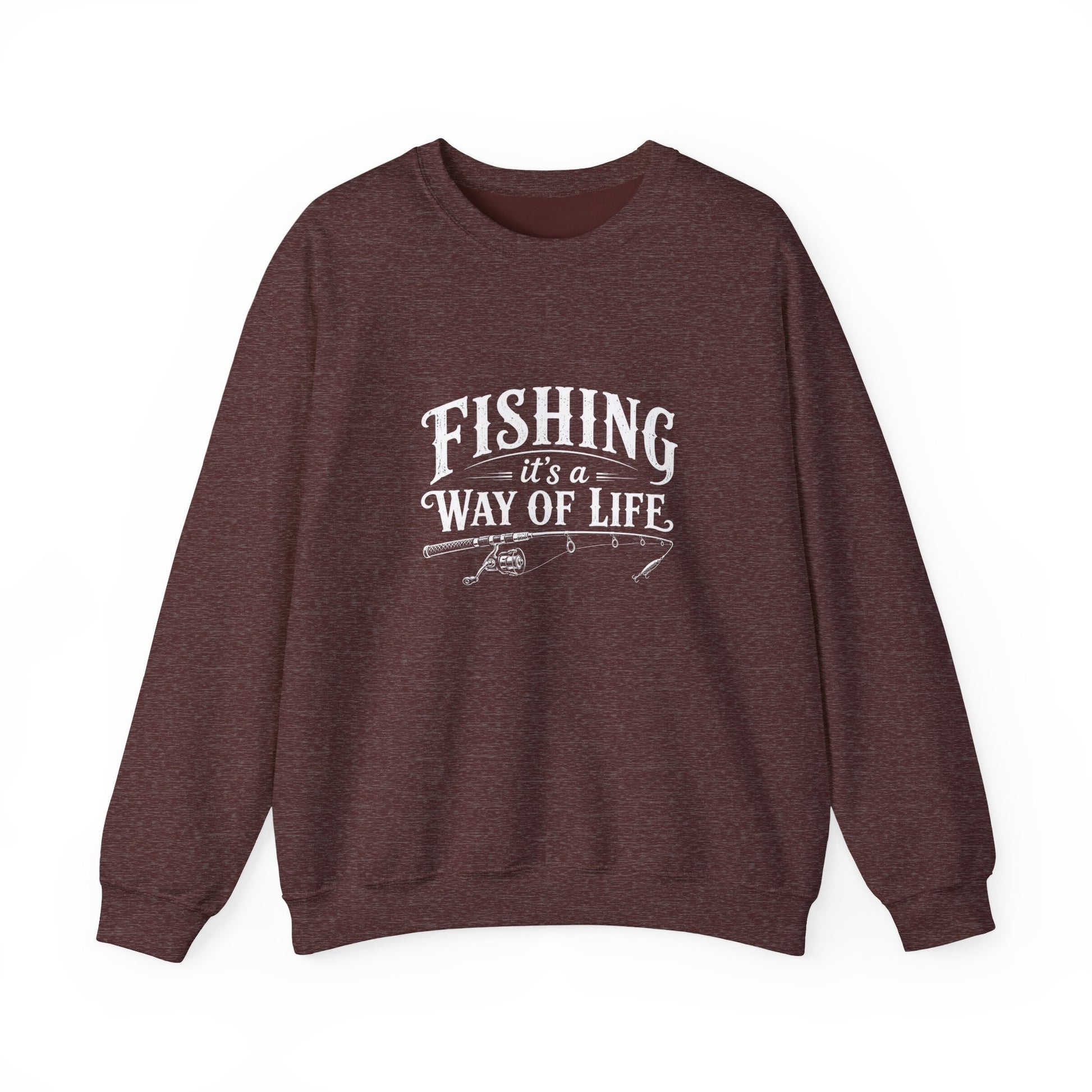 A heathered dark brown crewneck sweatshirt with a white graphic print on the front that reads 'FISHING it's a WAY OF LIFE' with a fishing rod illustration, displayed on a clean white background.