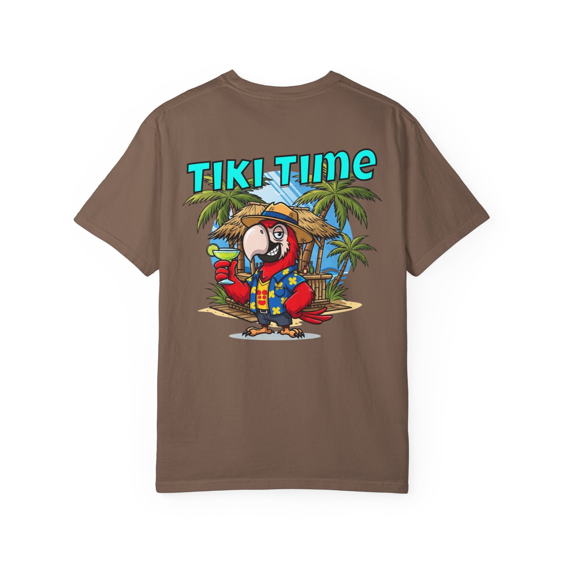 Brown t-shirt with 'Tiki Time' graphic featuring a parrot and palm trees on a white background.