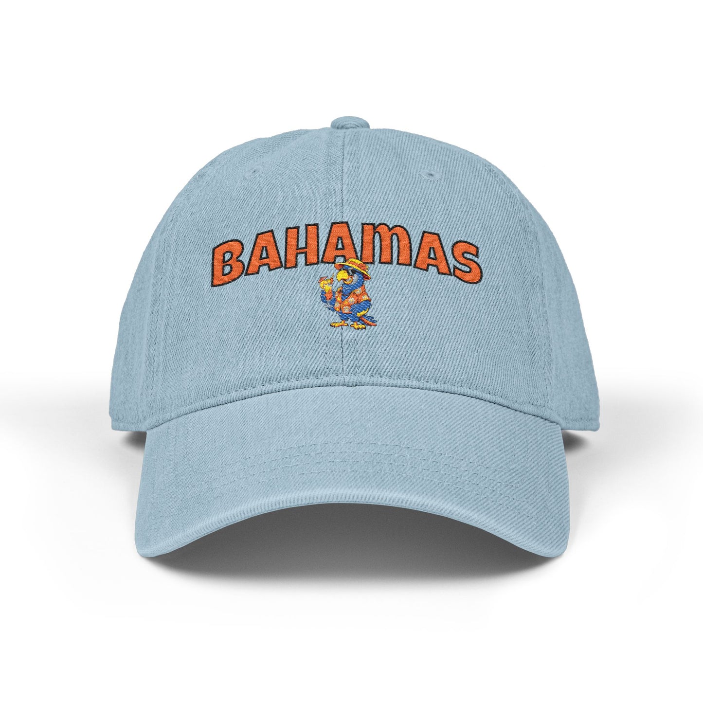 Light blue baseball cap with 'Bahamas' and a cartoon character on a white background