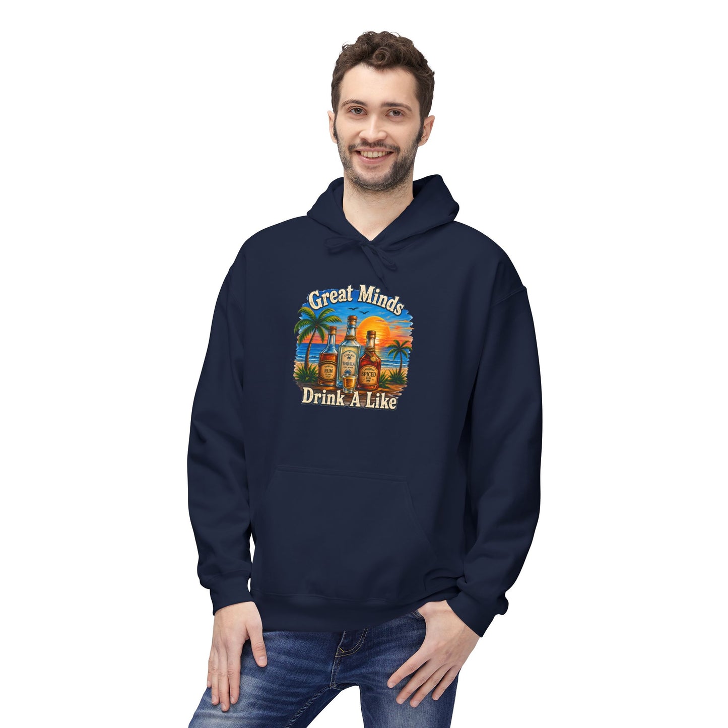 Great Minds Drink Alike Hoodie — Tropical Sunset Palm Beach Graphic Sweatshirt