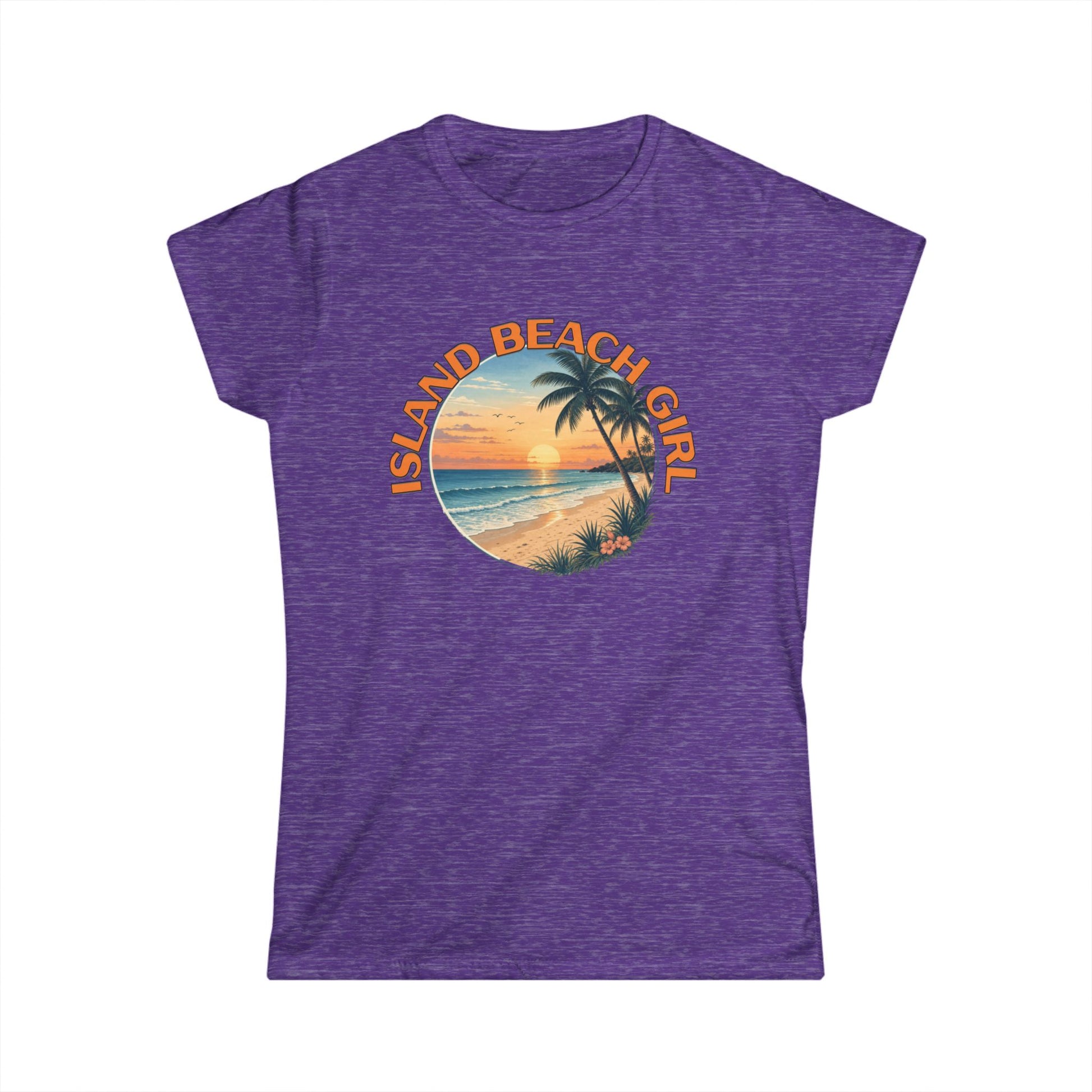 Purple t-shirt with 'Island Beach Girl' graphic on a white background