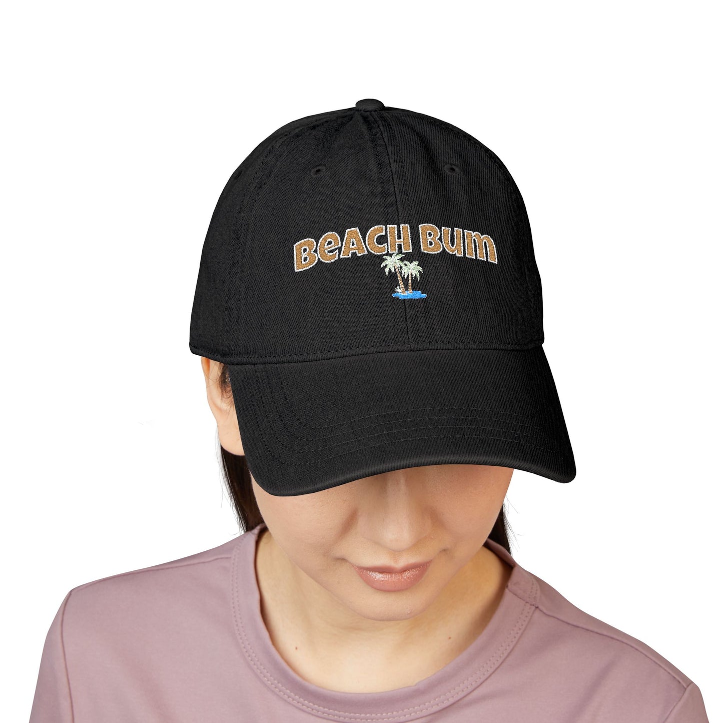 Beach Bum Embroidered Denim Hat — Casual Palm Tree Cap
