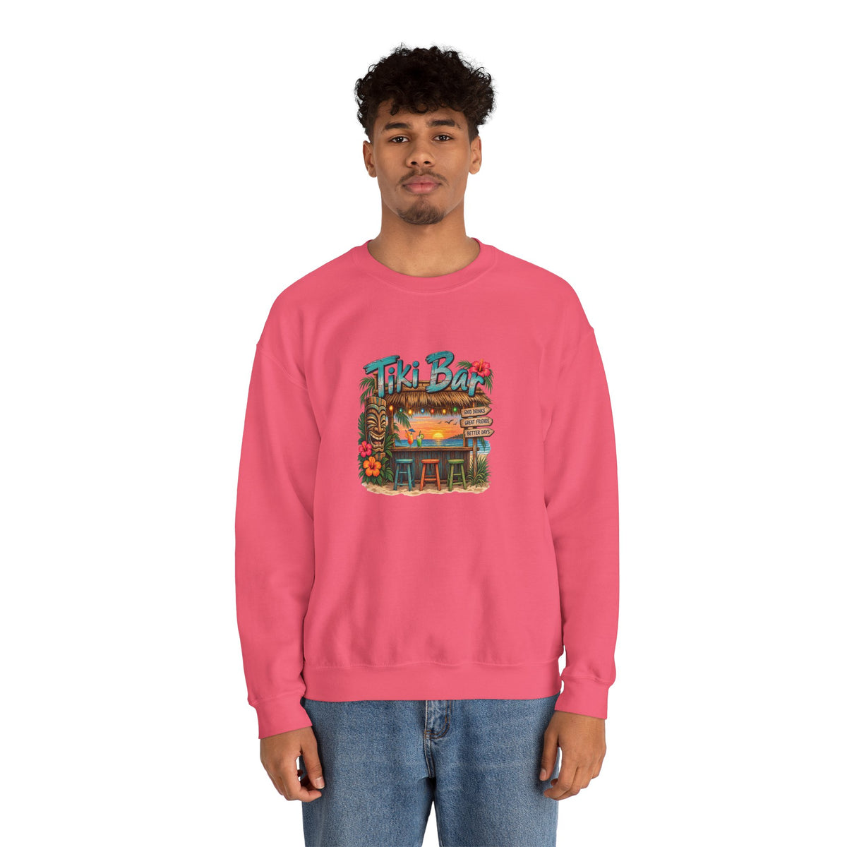 Tiki Bar Crewneck Sweatshirt — Retro Tropical Sunset Design