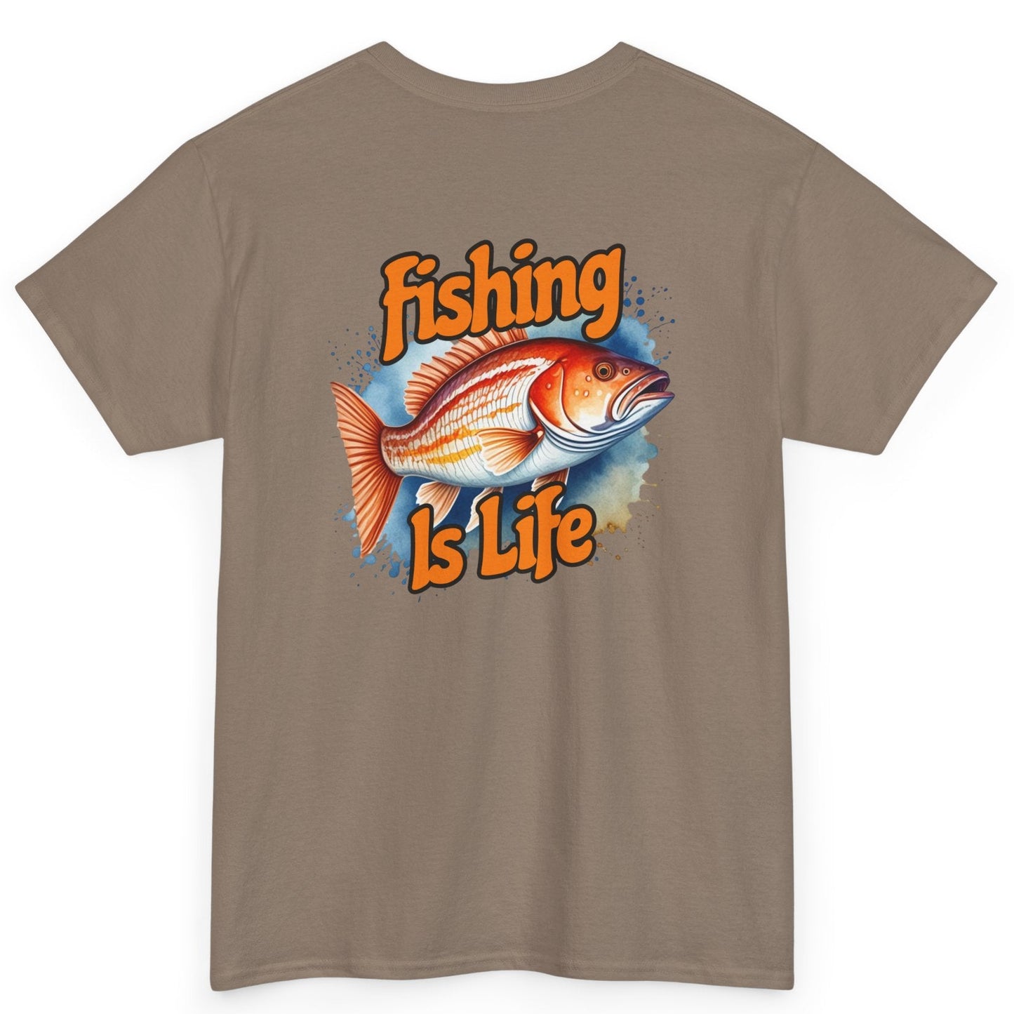 Brown t-shirt with 'Fishing is Life' graphic on a white background