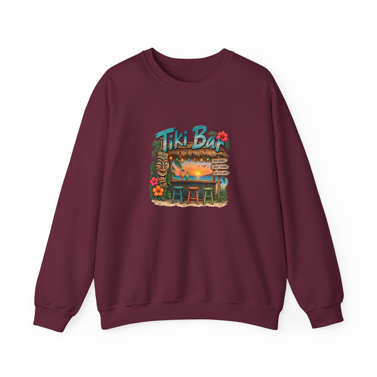 Tiki Bar Crewneck Sweatshirt — Retro Tropical Sunset Design