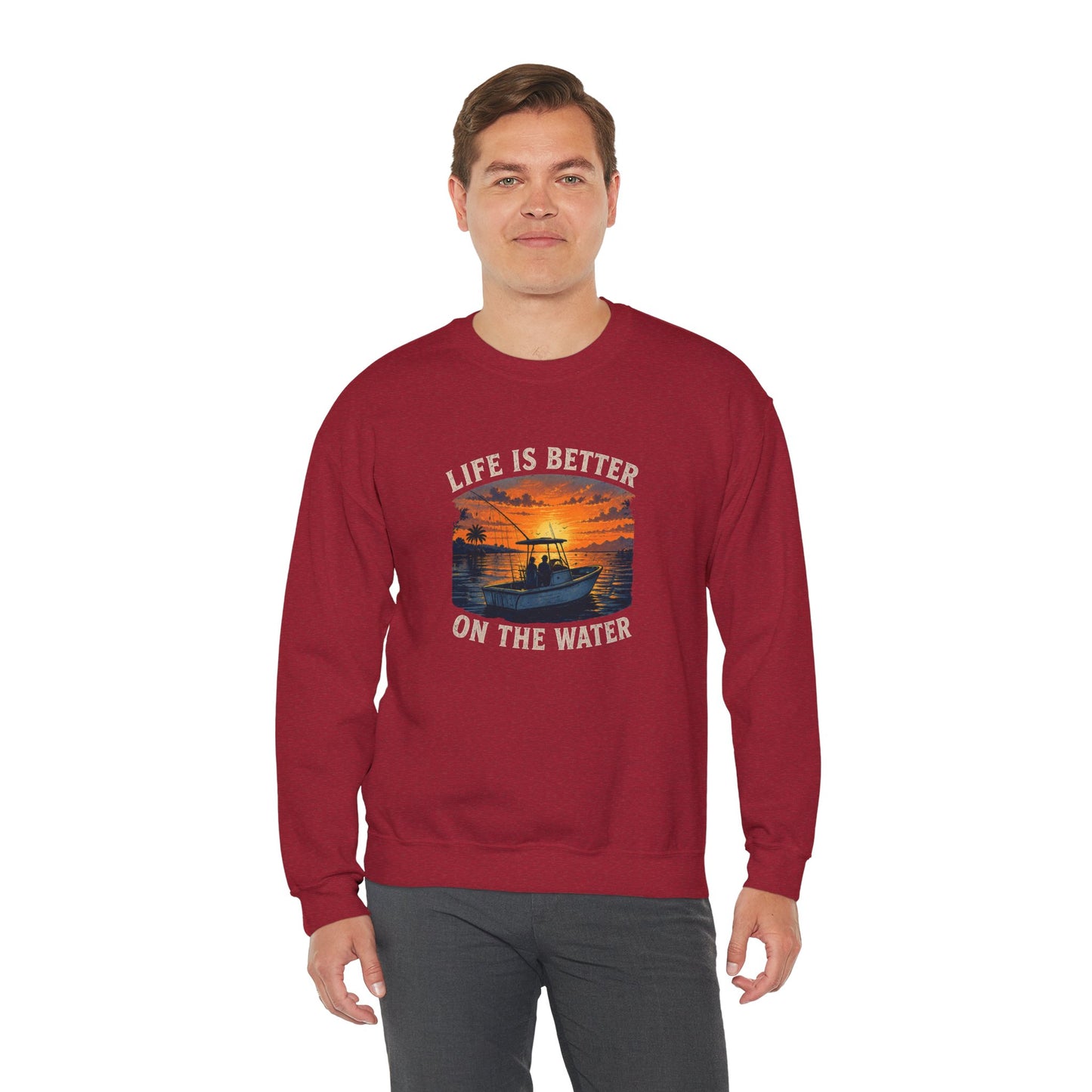 "Life Is Better On The Water" Crewneck Sweatshirt -Boat Sunset Graphic