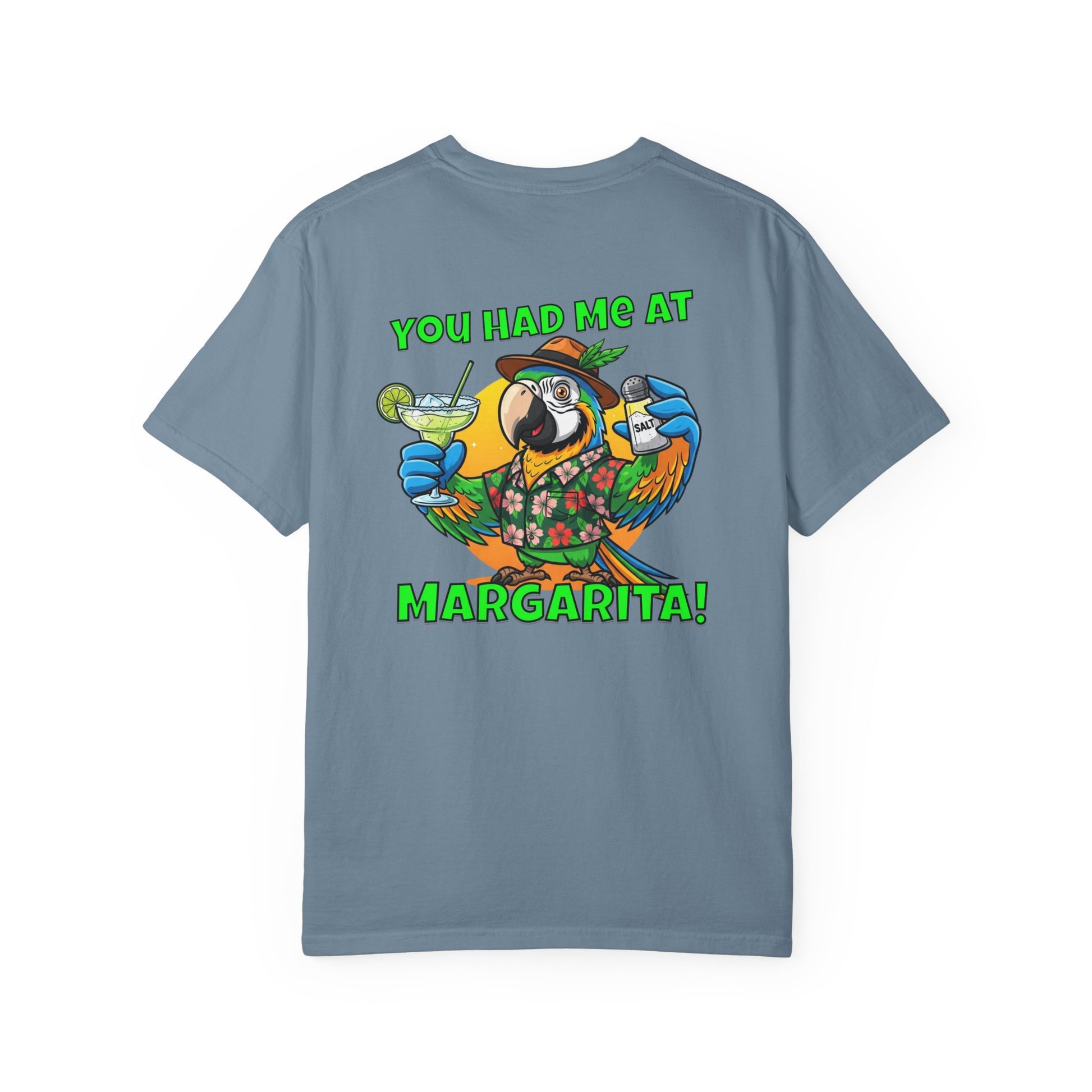 Gray t-shirt with a parrot graphic and text on the back, on a white background