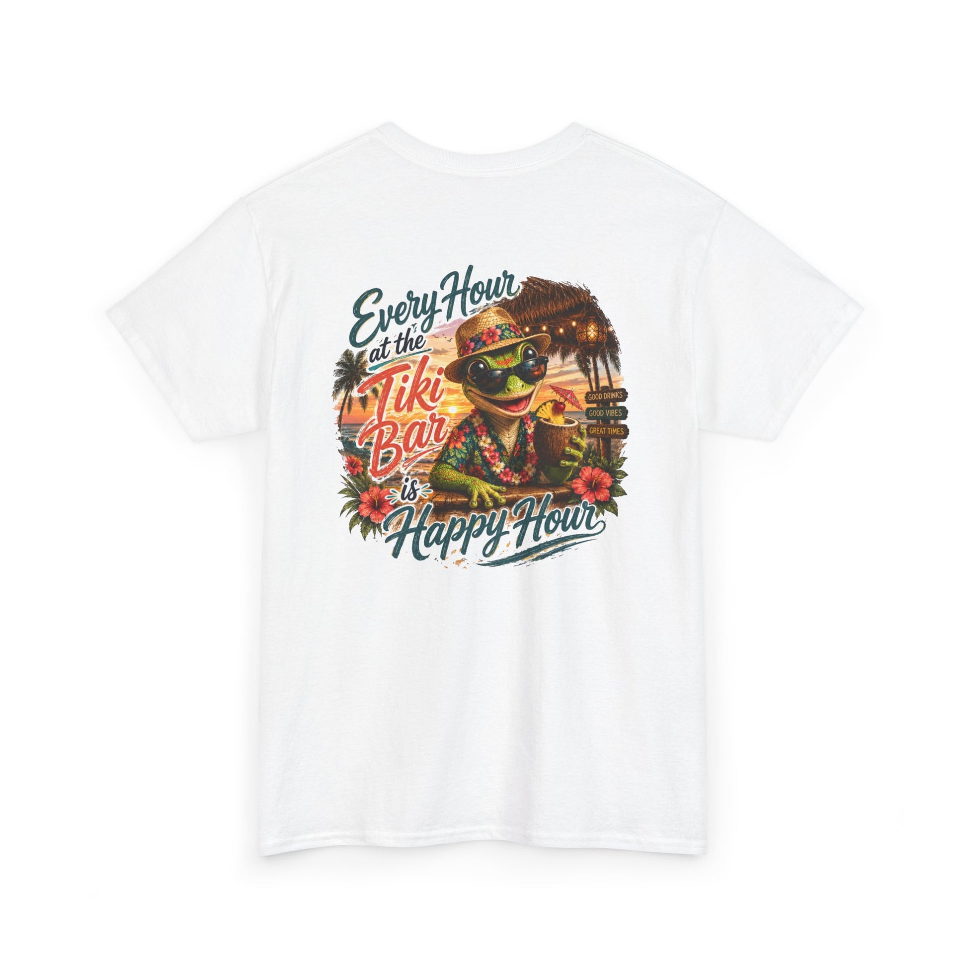 A white short-sleeve crewneck t-shirt featuring a colorful graphic print on the front. The graphic depicts a hula dancer wearing a lei and sunglasses, surrounded by tropical flowers, a guitar, and the text 'Every Hour at the Tikie Bar is Happy Hour'.