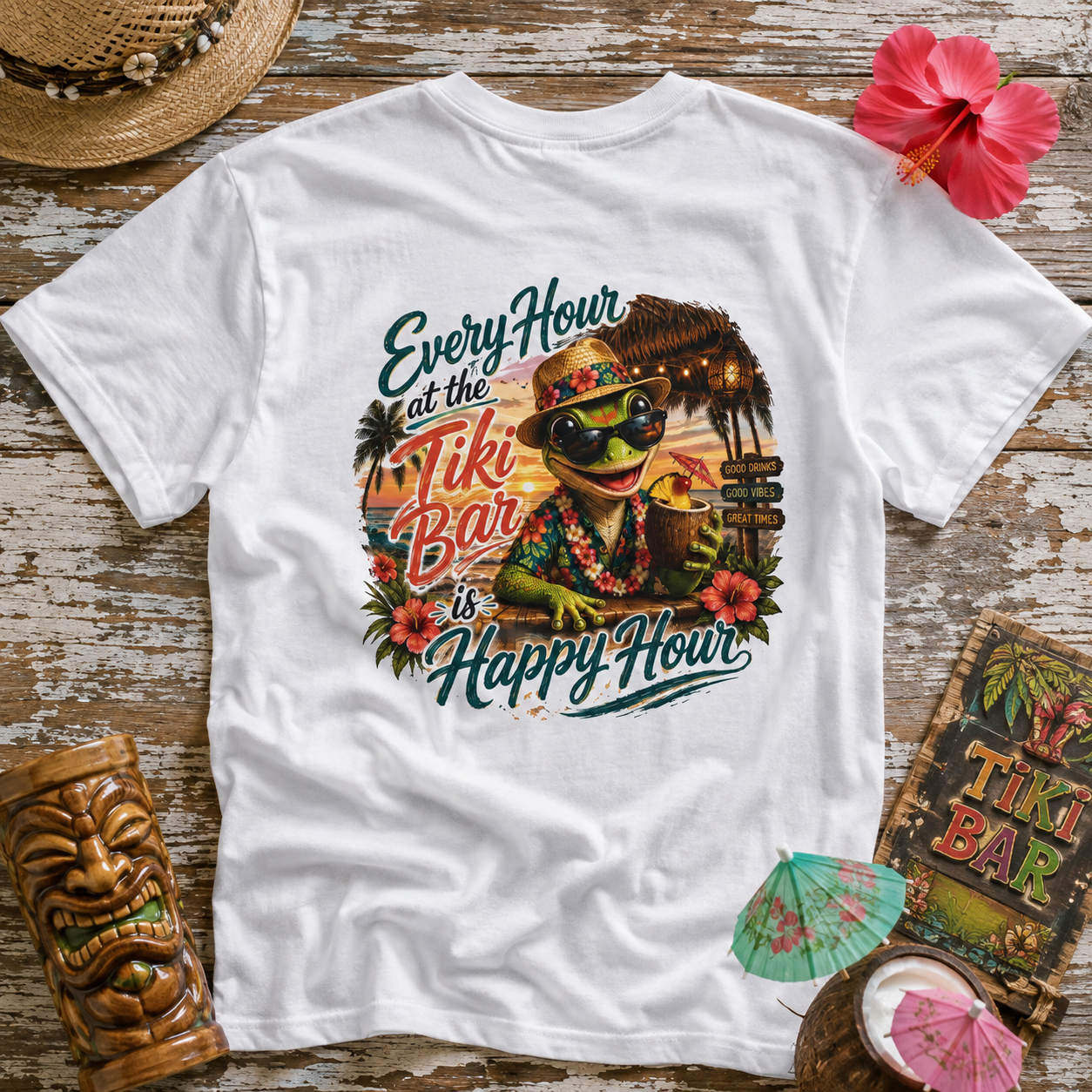 T-Shirt - "Every Hour at the Tiki Bar is Happy Hour" Vintage Tropical Tee