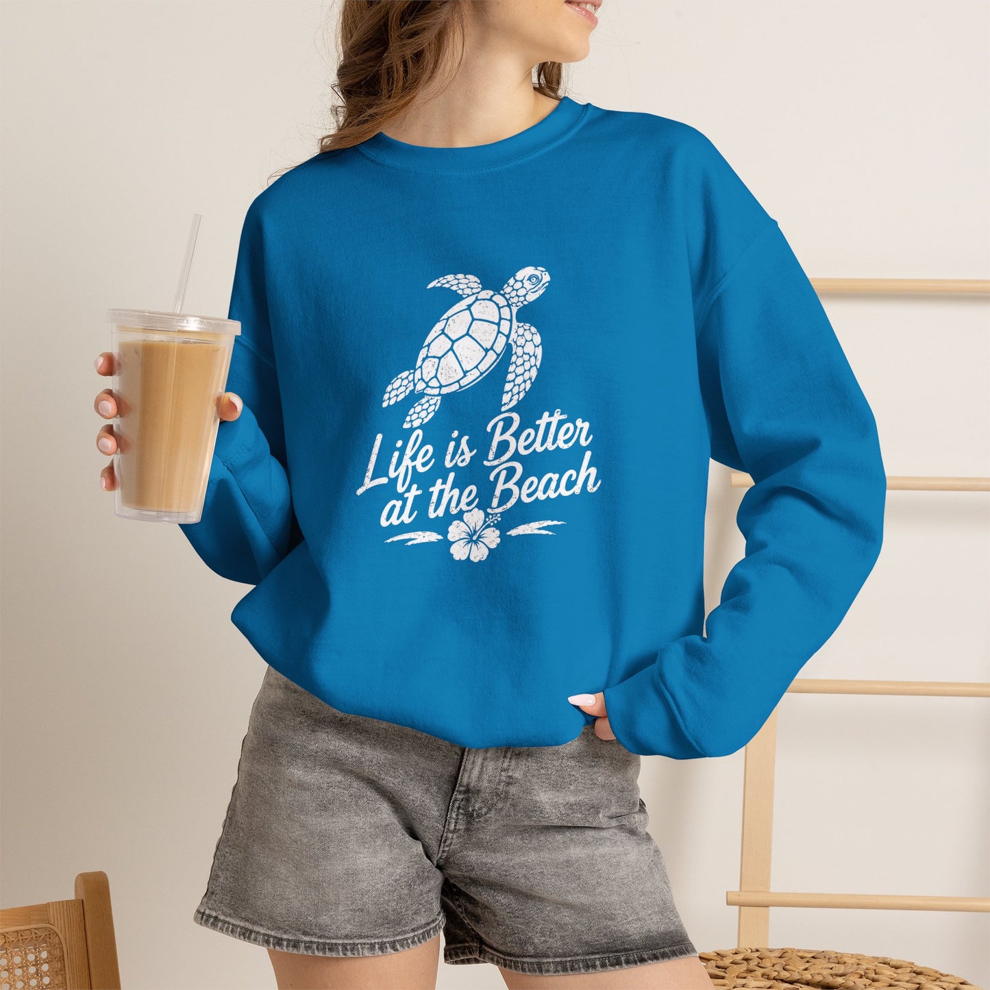 Beach Turtle Crewneck Sweatshirt — "Life is Better at the Beach"