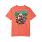 Coral t-shirt with 'Tiki Time' graphic featuring a parrot and palm trees on a white background.