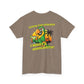 Brown t-shirt with a parrot graphic and text on a white background
